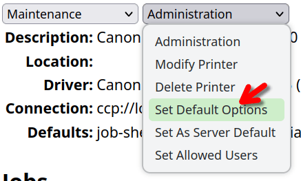 "Set Default Options" option, where you can configure printer settings